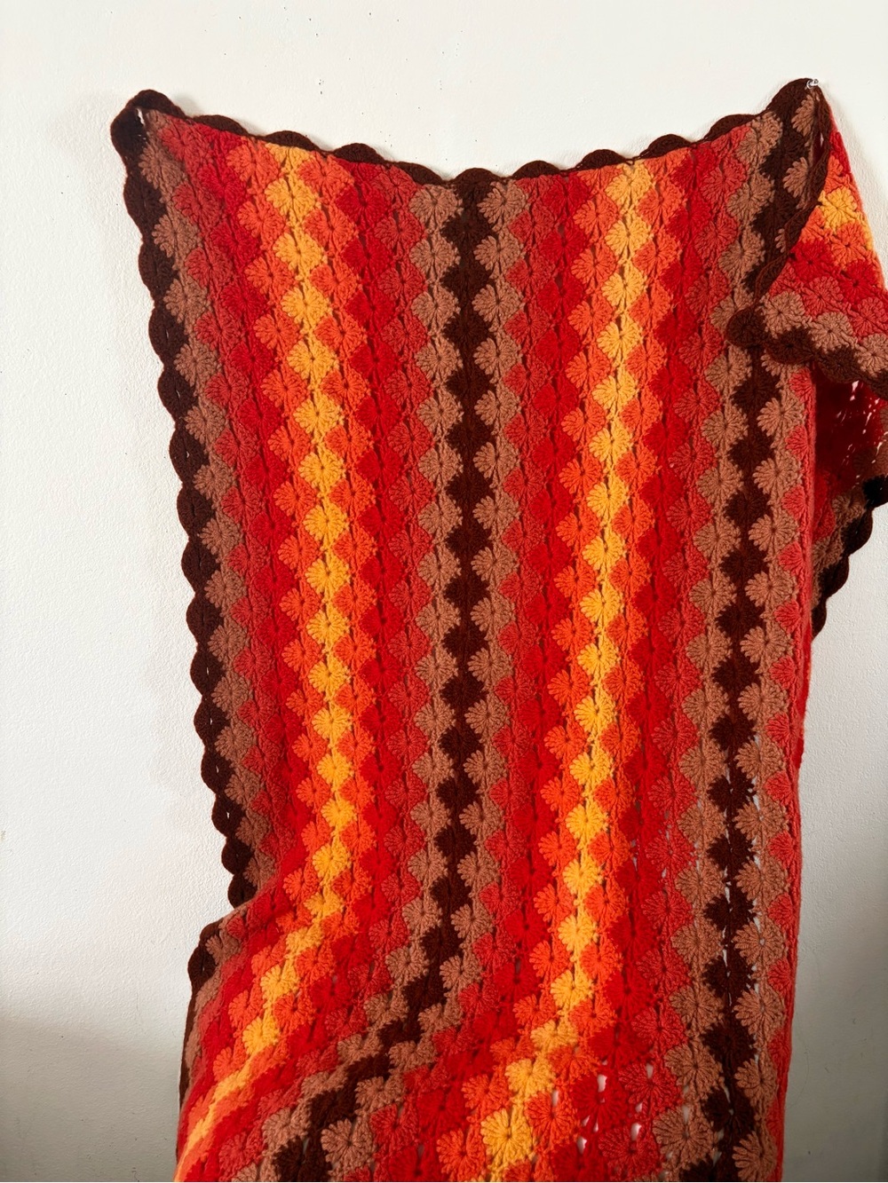 Vintages 70s crochet throw blanket warm tones orange brown yellow home decor